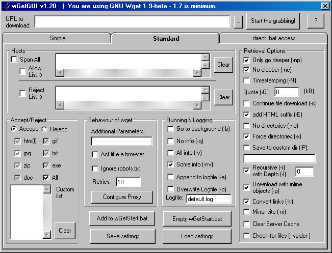 Screenshot of wGetGUI standard mode
